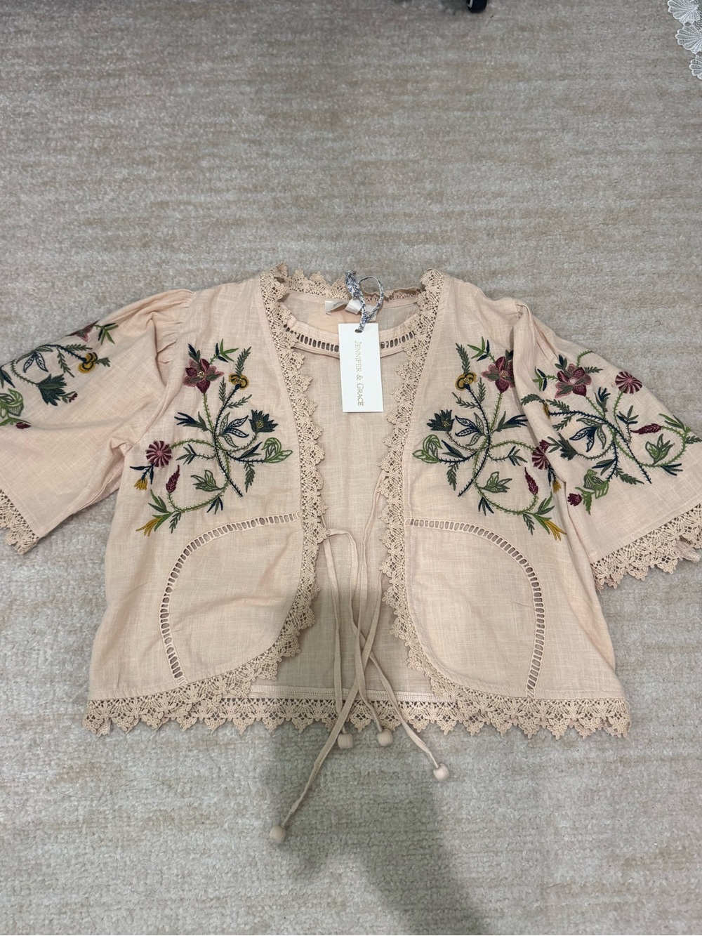 Embroidered Tie-Front Blouse in Blush